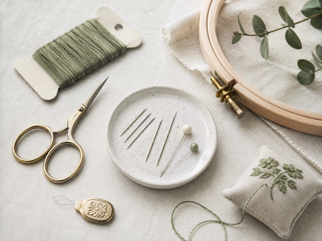 Broderinåler, saks og annet broderitilbehør