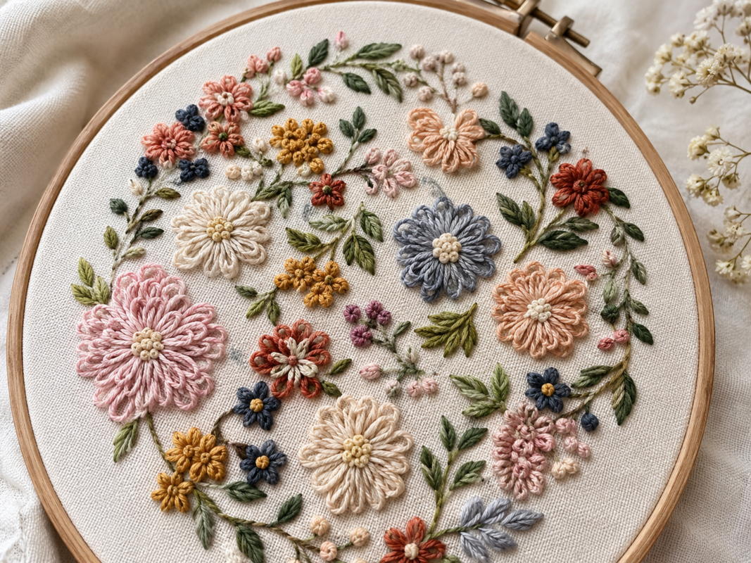 Mille fleurs och öglestygn i broderi