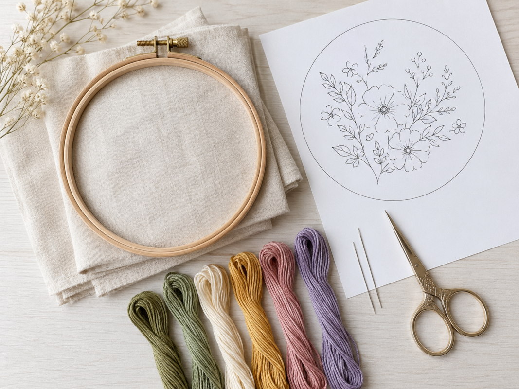 Broderikit med mönster och material