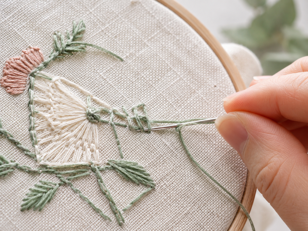 Tråd som fästs på baksidan av ett broderi