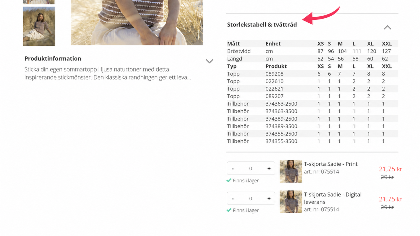 Måltabell på produktside